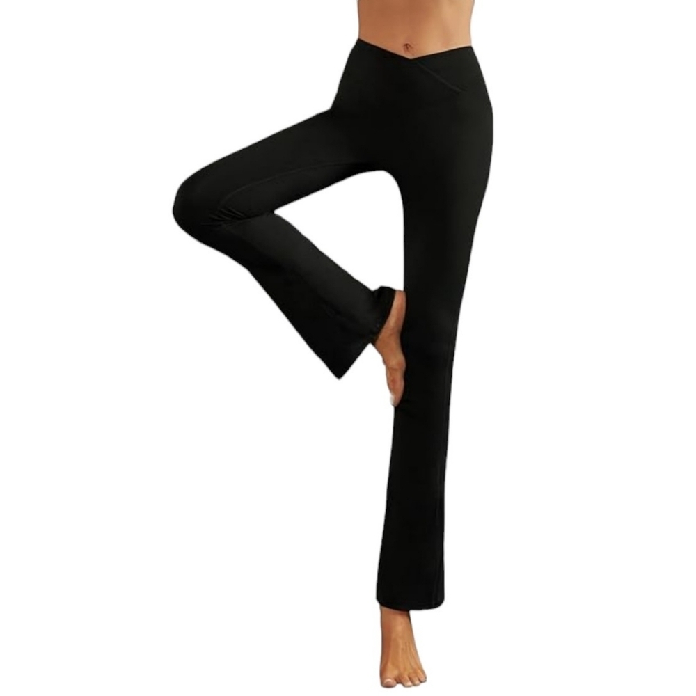 Uygafly Ribbed Crossover Flare Leg Yoga pants Black Size M